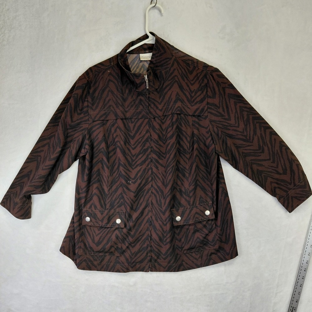 Zenergy by Chicos Women Brown Black Zebra Animal Print Zip Up Jacket Size 2 Lg